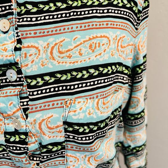 FIG AND FLOWER Blouse Women's Medium Top Tunic Floral 3/4 Sleeve Blue Green - Picture 2 of 6